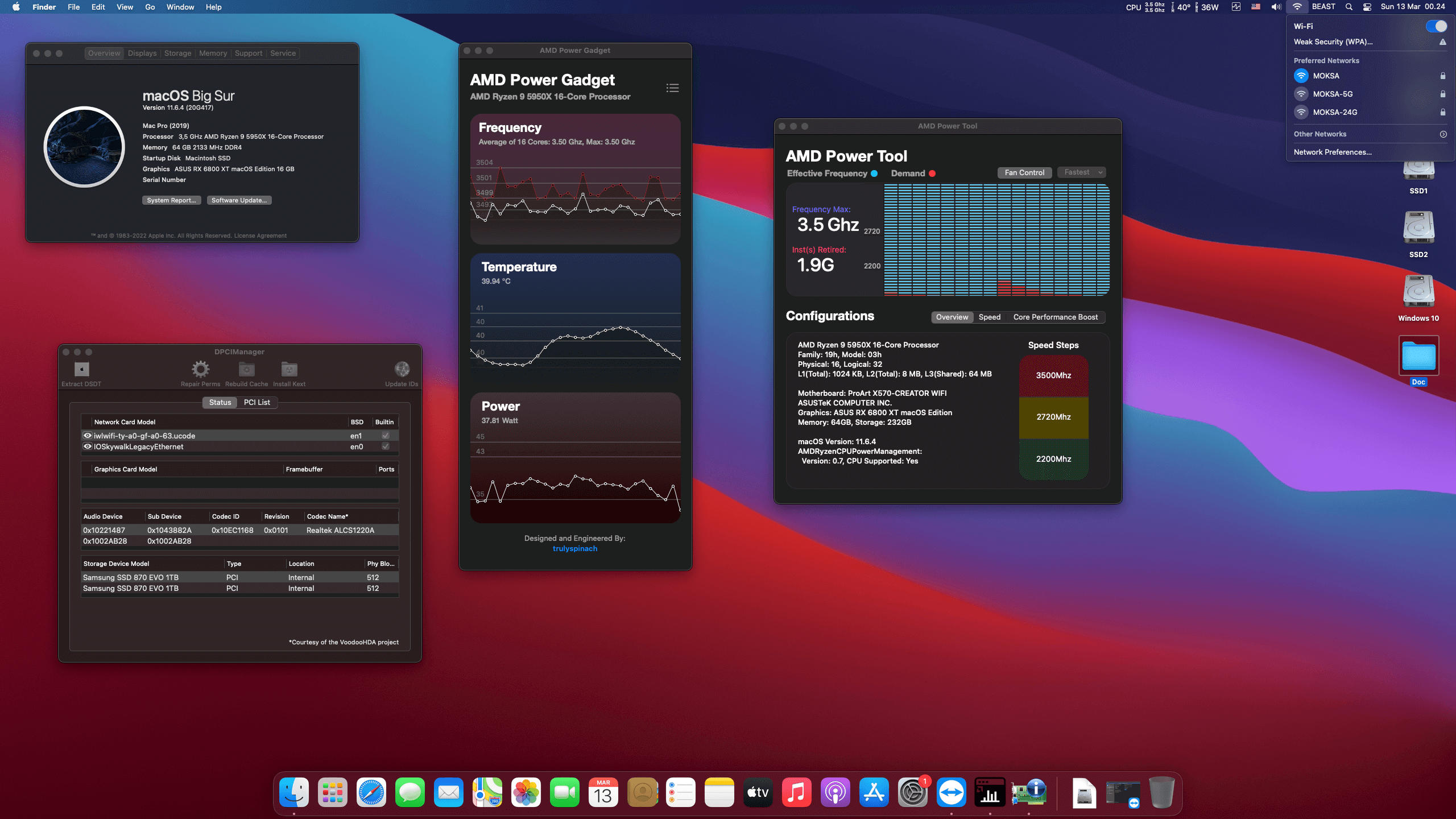 Success Hackintosh macOS Big Sur 11.6.4 Build 20G417 in Asus ProArt X570 Creator Wifi + AMD Ryzen 9 5950X + Asus RX 6800XT